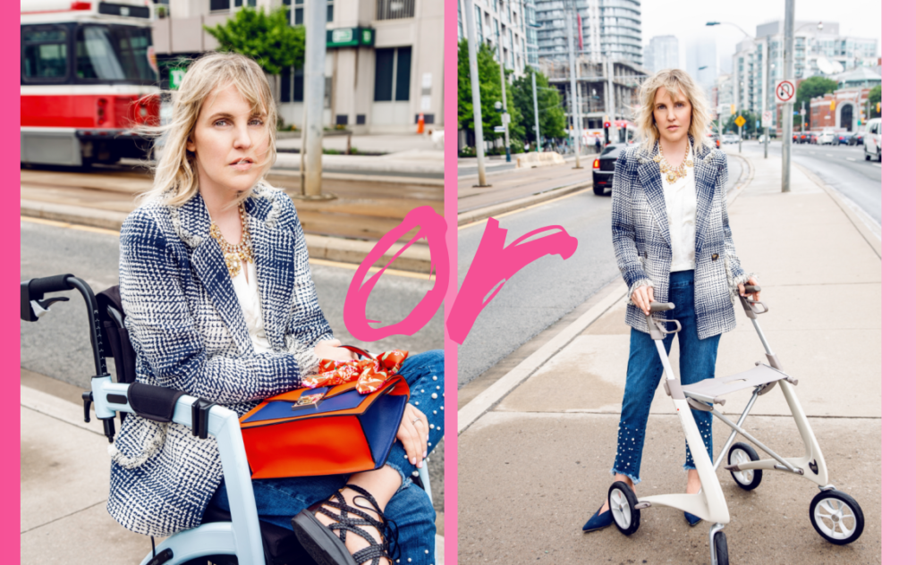 Ardra looks cool in an oversized blue and white blazer and jeans, sitting in her ice-blue convertible transport chair by Rollz. Next to this image is a second pic of Ardra in the same outfit, standing with her oyster coloured, sleek rollator from byAcre. Ready for a rollator? Is Rollz or byAcre better for you? Check out this review and find deep discount codes. 