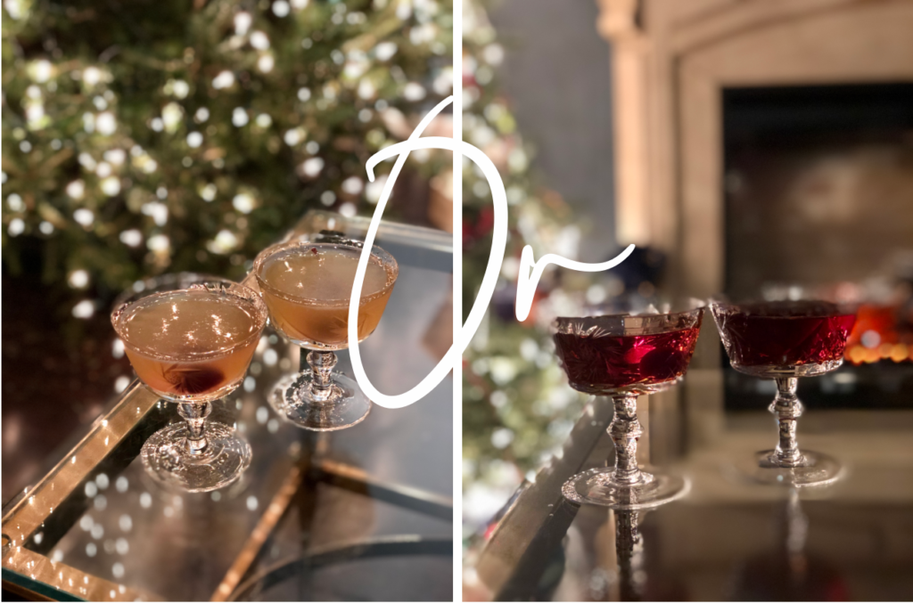 On the left, two sidecar cocktails sit on a table in front of a Christmas tree. On the right we see two Manhattan cocktails.