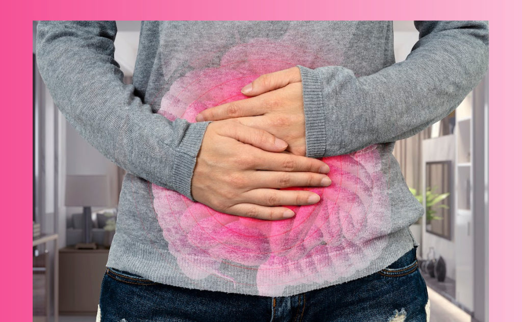 A woman holds her stomach in pain. A superimposed drawing of her intestines suggests her pain is caused by IBS.