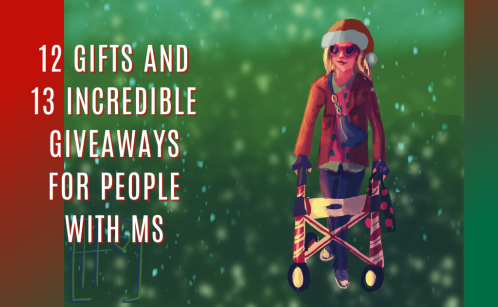 A holiday themed illustration of a woman (Ardra Shephard) using a candy-cane striped rollator, mobility aid to announce the best gifts for people with MS.