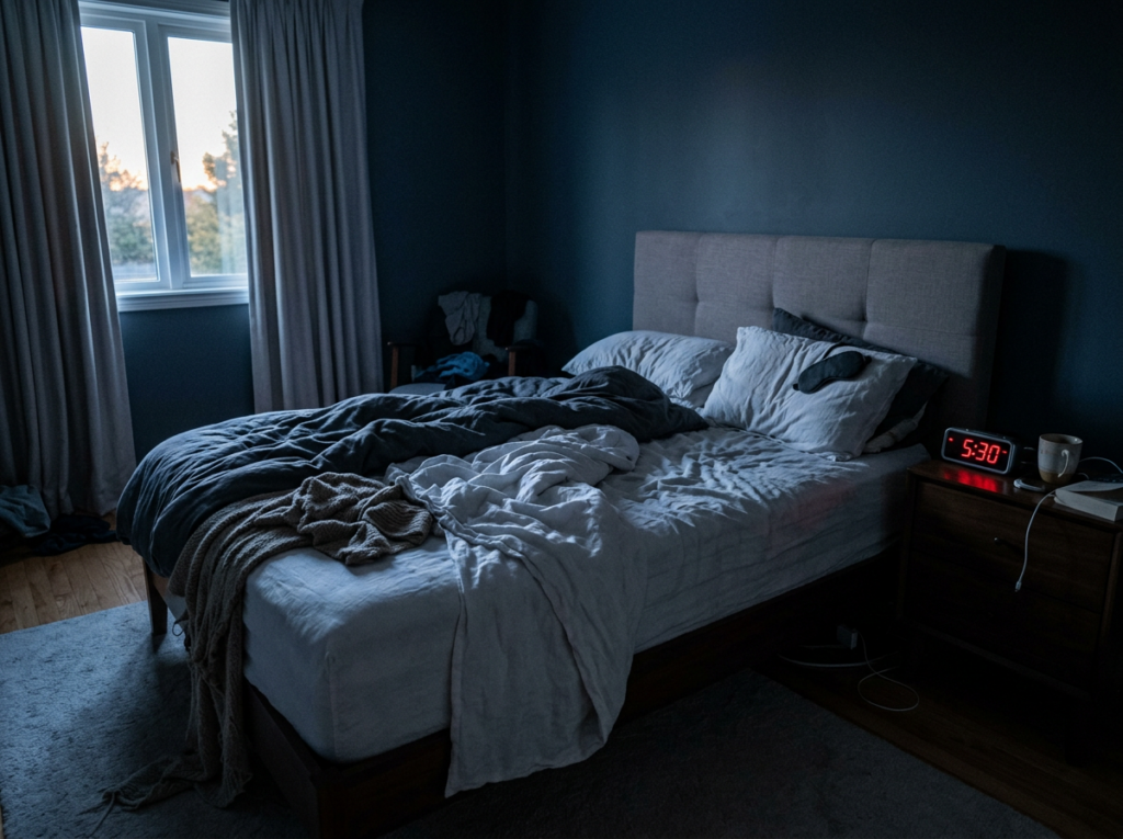 Bed with rumpled white and dark gray linens, bedside table with red digital clock reading 5:30 and a white mug